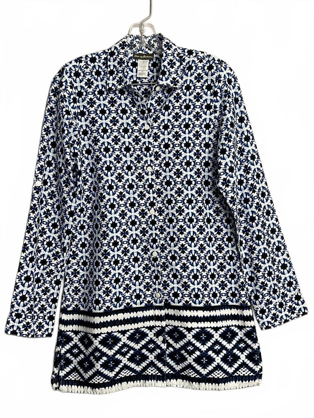 Tommy Bahama Women's Small Petite Blue White Batik Tunic Shirt Roll Tab Sleeve